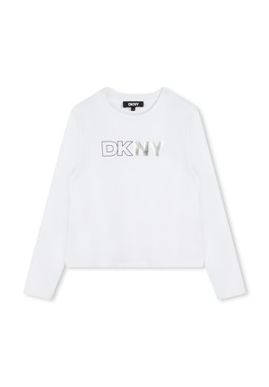 Witte langemouwen shirt van katoen met een ronde halslijn, versierd met het DKNY-logo in zilveren en zwarte letters op de voorkant.