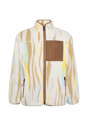 Chaqueta de forro polar con rayas abstractas en beige, amarillo y azul, bolsillo en el pecho con cremallera marrón, cierre frontal con cremallera y bolsillos laterales con cremallera.