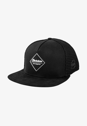 Casquette snapback noire avec un devant en tissu solide et un dos en maille. Équipée d'un logo en diamant blanc avec du texte. La visière est plate et légèrement texturée.