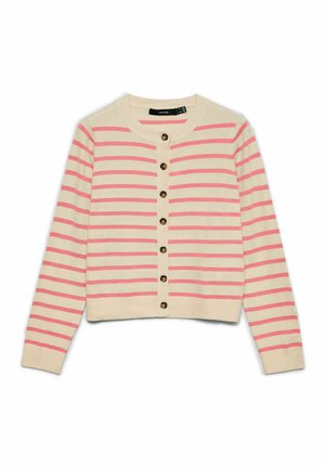 Cardigan crème avec rayures horizontales roses, encolure arrondie et boutons dorés sur le devant. Tissu en maille douce avec une coupe courte.