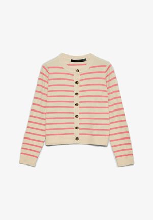 Krēmkrāsas kardigans ar rozā horizontālām svītrām, apaļu kakla izgriezumu un zelta toņa pogām priekšpusē. Mīksts adīts audums ar īsu piegriezumu.