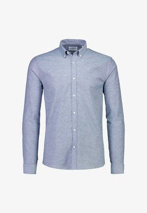 Cămașă bleu cu mâneci lungi, realizată dintr-un material texturat, având guler cu nasturi, închidere frontală cu nasturi și manșete standard.