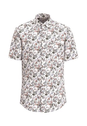 Kurzarmhemd mit weißem Grund, das ein florales Muster in Schwarz, Pink und Grün aufweist. Mit einem Button-down-Kragen und einer Brusttasche.