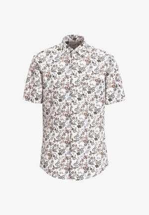 Camicia a maniche corte con base bianca, caratterizzata da un motivo floreale in nero, rosa e verde. Include un colletto con bottoni e una tasca frontale.
