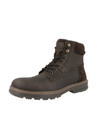 Bottines en cuir marron à lacets avec un panneau en daim, bout arrondi, œillets en métal et semelle en caoutchouc texturée pour une meilleure adhérence.