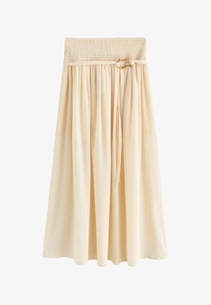 Cremefarbener Midi-Rock mit gerafftem Bund, dekorativem Gürtel mit goldener Schnalle und fließendem Stoff.