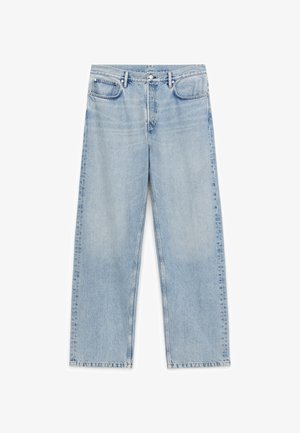 Jeans azzurri a gamba dritta con tasche anteriori e posteriori, passanti per cintura e chiusura con bottone e cerniera.