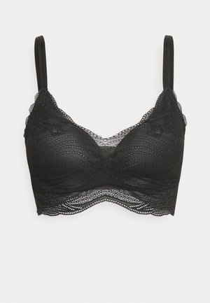 Bralette nera in pizzo con tessuto morbido e testurizzato, spalline regolabili e bordo in pizzo ondulato lungo i contorni. Senza imbottitura né ferretti.