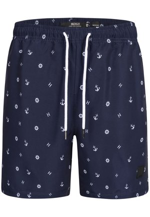Navy Schwimmshorts mit weißem Anker- und Kompassmuster, elastischem Bund und Kordelzug. Glatte Textur, knielanges Design.