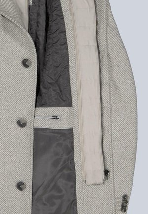 Textured gray coat with a herringbone pattern, two front buttons, and a dark interior lining. Features internal pockets and a zipper detail.