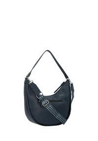 Marine leren hobo tas met een getextureerde geweven schouderriem, enkele handgreep en een voorvak met rits. Gladde afwerking met duurzame hardwareaccenten.