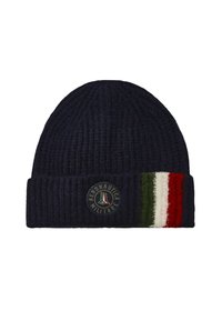 Berretto lavorato a maglia color blu navy con texture a coste. Presenta una toppa circolare con logo e una striscia verticale tricolore in verde, bianco e rosso.