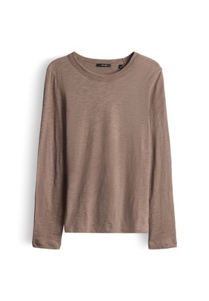 Long-sleeve crew neck brown shirt made of lightweight fabric, displayed flat on a white background.