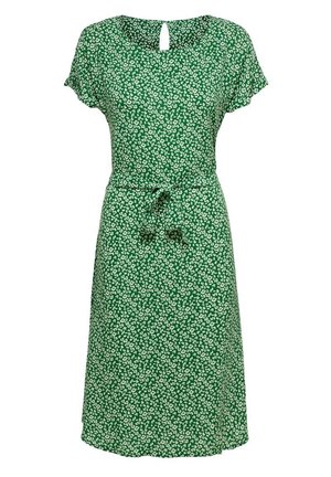 Grünes knielanges Kleid mit kurzen Ärmeln, weißem Blumenmuster, Taillenband und kleinem Schlüssellochausschnitt.