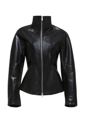 Black leather jacket with a high collar, zip closure, and fitted design. Features sleek, panelled seams and a smooth, shiny texture.