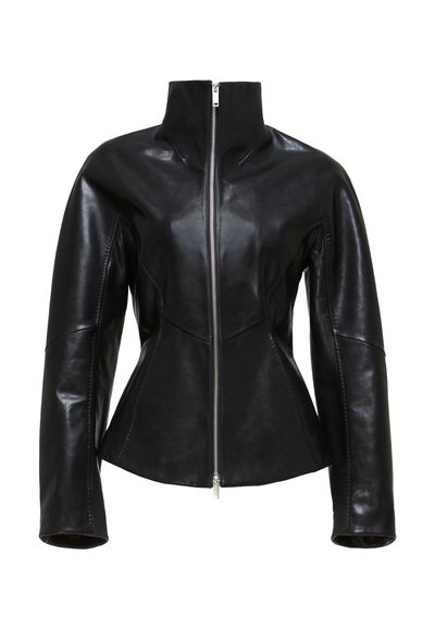 Black leather jacket with a high collar, zip closure, and fitted design. Features sleek, panelled seams and a smooth, shiny texture.