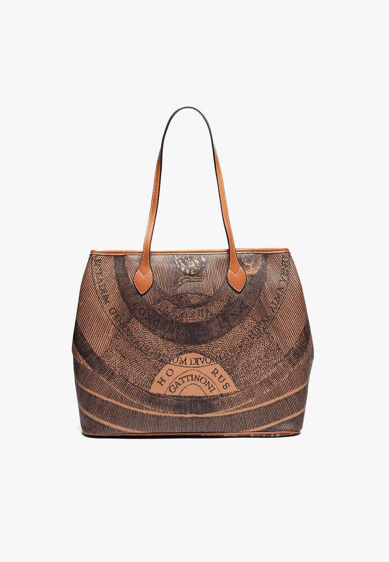 Brown tote bag with long handles, featuring a black circular vintage map design and "Gattinoni" branding on the front center.