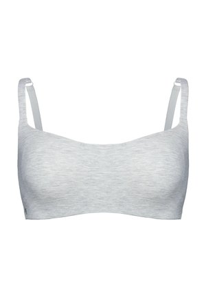 Hellgraues Bralette aus glattem, dehnbarem Stoff mit breiten Trägern und rundem Ausschnitt. Nahtloses Design mit minimalen Verschlüssen.