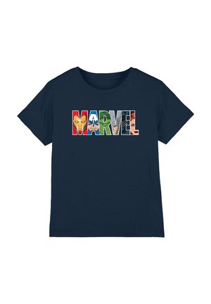 Navy blue cotton t-shirt featuring a "MARVEL" graphic with five superhero faces in various colors, set in bold letters with a smooth texture.