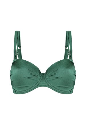 Groene gepadde bikini-top met verstelbare banden, structuurstof en geplooide details in het midden. Métallische accenten op de schouderbanden.