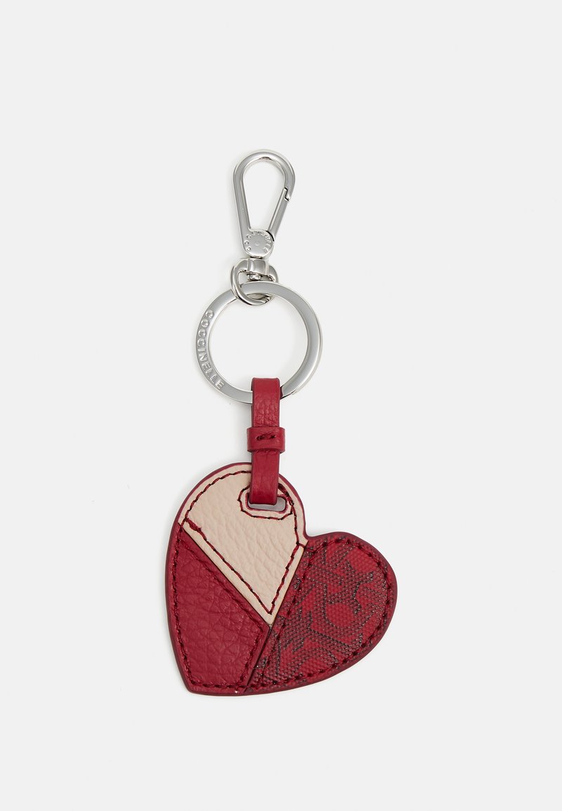 Leather heart-shaped keychain with red, pink, and patterned sections. Includes a metal clasp and ring for attachment.