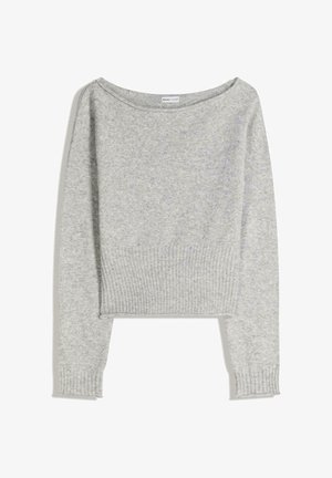 Maglione corto grigio chiaro realizzato in materiale lavorato a maglia strutturata. Presenta una scollatura ampia, maniche lunghe e polsini e orlo a coste.