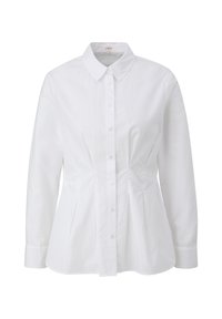 Camisa blanca de algodón con botón, cuello extendido, mangas largas, corte entallado y detalles de pliegues en la cintura para una silueta estructurada.