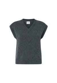 Gilet grigio lavorato a maglia con scollatura a V, maniche corte e motivo a rombi. L'orlo a coste aggiunge dettaglio al design aderente.