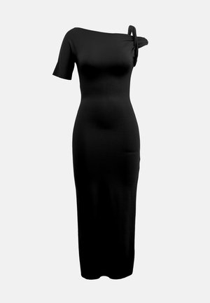 Fekete, testhezálló midi ruha aszimmetrikus nyakkivágással, rövid ujjakkal és csomó részlettel a vállon; rugalmas anyagból készült.
