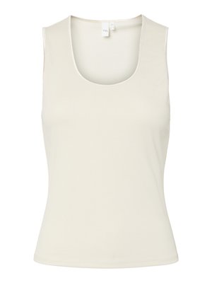Top sin mangas blanco de canalé con cuello redondo, hecho de tela elástica, exhibido sobre un fondo blanco.