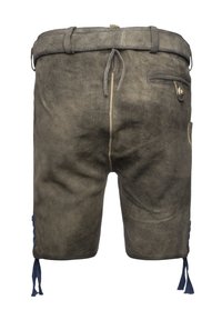Lädershorts i en dämpad grå färg, med en texturerad yta, midjeband med bälte, sidoficka och dekorativ blå snörning vid fållen.