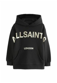 Sudadera negra de mezcla de algodón, con el texto en blanco "ALLSAINTS" y "LONDRES" en el frontal. Incluye un bolsillo canguro y puños acanalados.