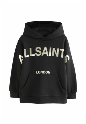 Sort hættetrøje lavet af bomuldsblanding, med hvid tekst "ALLSAINTS" og "LONDON" på forsiden. Inkluderer en kænguru lomme og ribbede manchetter.