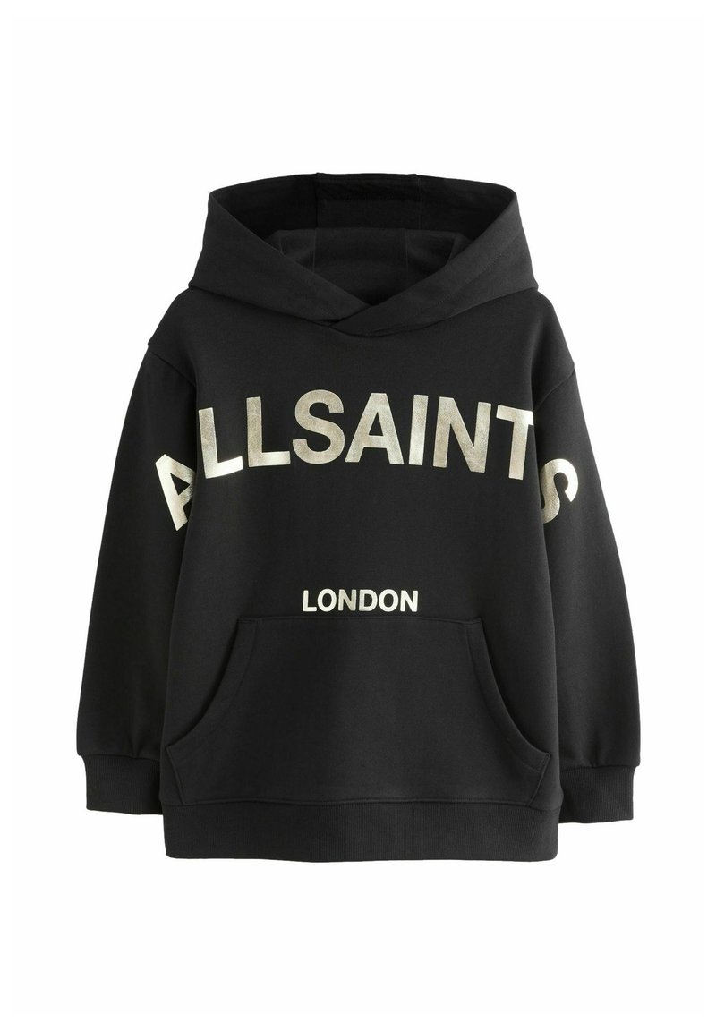 Sudadera negra de mezcla de algodón, con el texto en blanco "ALLSAINTS" y "LONDRES" en el frontal. Incluye un bolsillo canguro y puños acanalados.