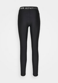 Leggings negros con una tela lisa y elástica. Cuenta con una cinturilla ancha con texto gris "UNDER ARMOUR". Diseño recto y ajustado.