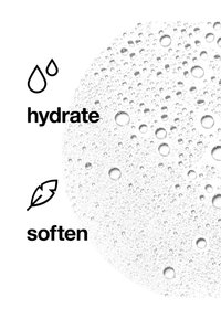 Klara Flüssigkeit mit zahlreichen Wassertropfen und Text darunter: "hydratisieren" und "weich machen" in fetter schwarzer Schrift auf weißem Hintergrund.