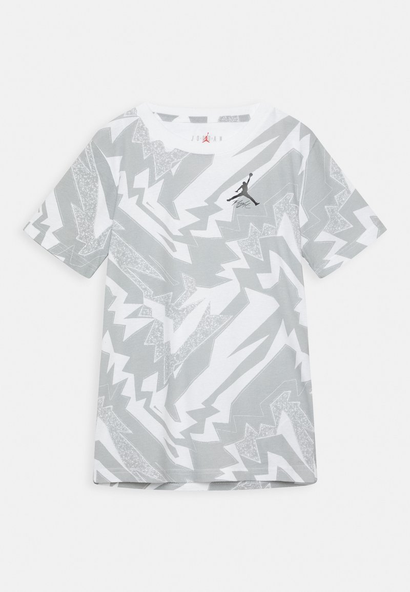 Gray and white short-sleeve T-shirt featuring a zigzag pattern, made of cotton, with a small black logo on the chest.