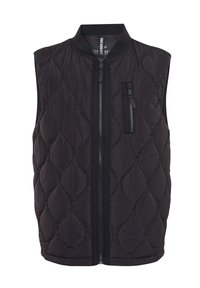 Gilet nero trapuntato con colletto a coste e zip frontale. Presenta una piccola tasca con zip sul petto, realizzato in tessuto leggero.