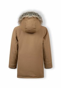 Hnedá zateplená parka s kapucňou podšitom kožušinou. Má dlhé rukávy, rovný strih a hladký vonkajší materiál.