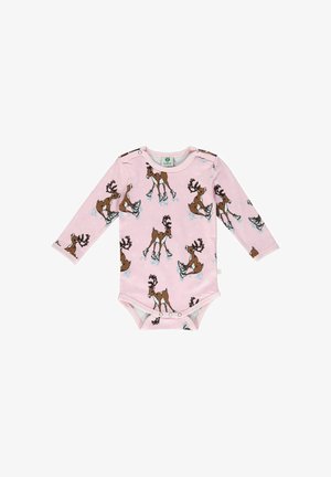 Dlhý rukáv, ružový detský overálek s motívom korčuľujúcich sobov, vyrobený z mäkkej bavlny, so zapínaním na patentky na pleciach a na spodnej časti.