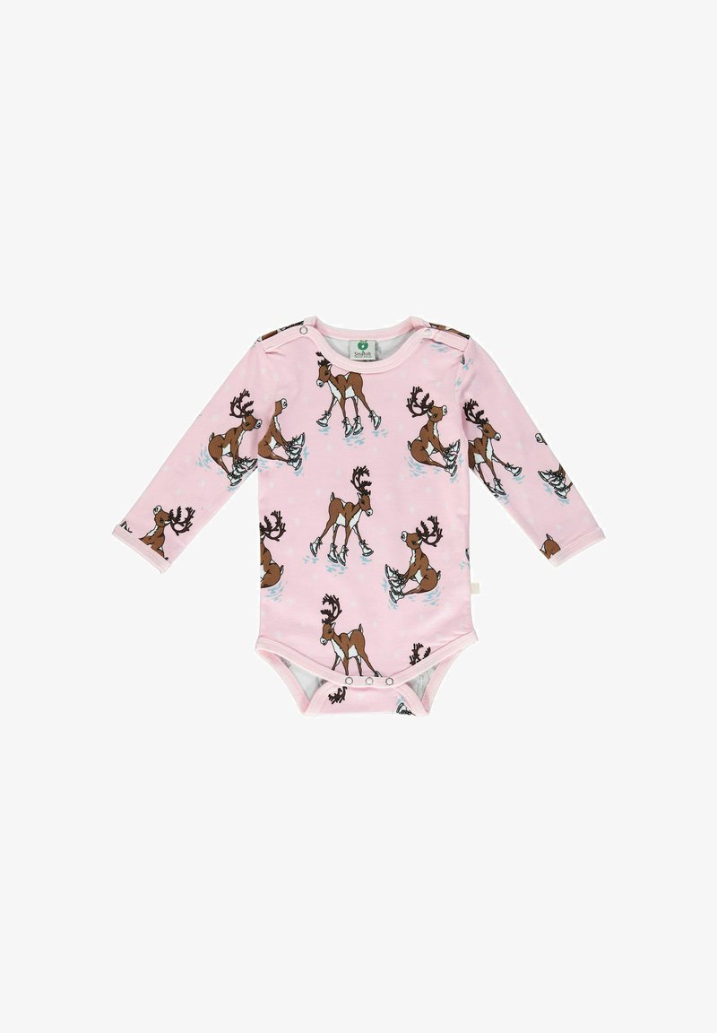 Dlhý rukáv, ružový detský overálek s motívom korčuľujúcich sobov, vyrobený z mäkkej bavlny, so zapínaním na patentky na pleciach a na spodnej časti.