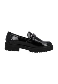 Svart lackskinn loafers med en kraftig sula, dekorativ metallspänne och slät yta. Hä höjd är måttlig med en grov yttersula.