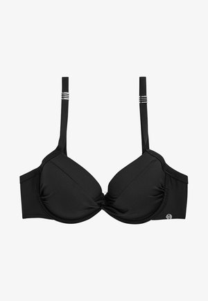 Soutien-gorge noir avec armatures en tissu lisse, présentant un centre torsadé, des bretelles réglables et des anneaux argentés sur les bretelles.