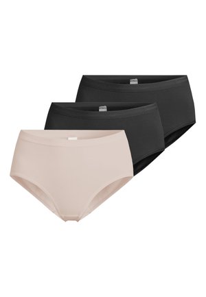 Drei Damen-Slips in Uni-Farben, zwei schwarze Paare hinter einem beigen Paar, vor weißem Hintergrund dargestellt.