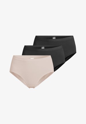 Drei Damen-Slips in Uni-Farben, zwei schwarze Paare hinter einem beigen Paar, vor weißem Hintergrund dargestellt.
