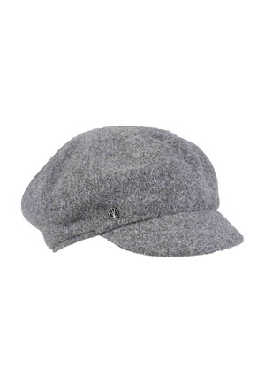 Berretto in lana grigia di stile beret con una parte superiore arrotondata e una visiera larga e piatta. Presenta un accento con logo argento sul lato. Superficie texturizzata.