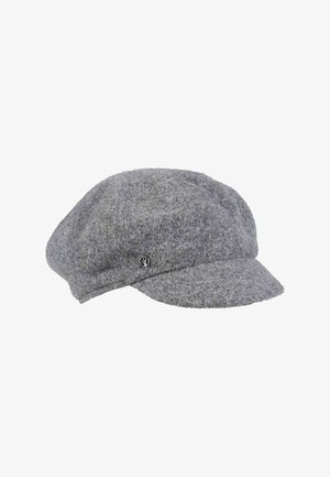 Gray wool beret-style cap with a rounded top and a wide, flat brim. Features a silver logo accent on the side. Textured surface.