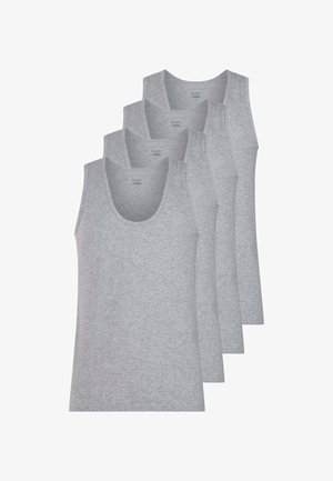 Canottiere grigie in cotone, quattro pezzi, con scollo rotondo e design senza maniche. Tessuto liscio con una finitura semplice e casual.