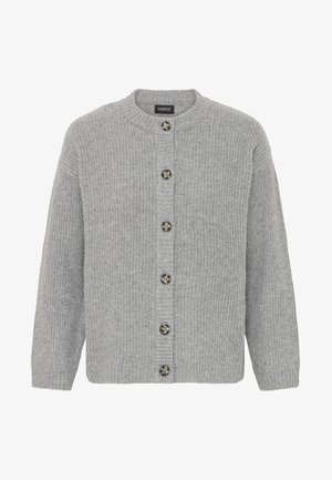 Halluxnõmme halli kudum, millel on pikad varrukad, ümmargune kaelus ja kuus laigulist nuppu esiküljel brändilt Oxmo.