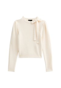 Kremowy sweter dziany z długimi rękawami, okrągłym dekoltem i detalem zawiązania na ramieniu. Miękka faktura, krótki krój.